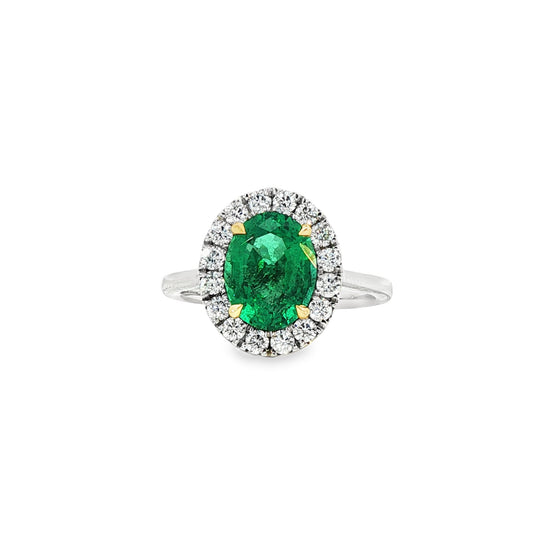 Platinum Oval Cut Emerald & Round Brilliant Cut Diamond Halo Ring - E:2.21ct D:0.54ct