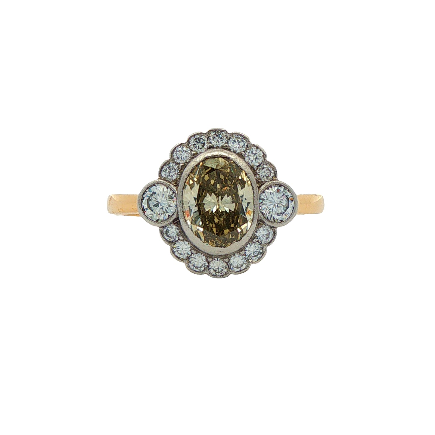 Pre-Owned: One 18ct yellow & white gold oval cut champagne diamond cluster ring.