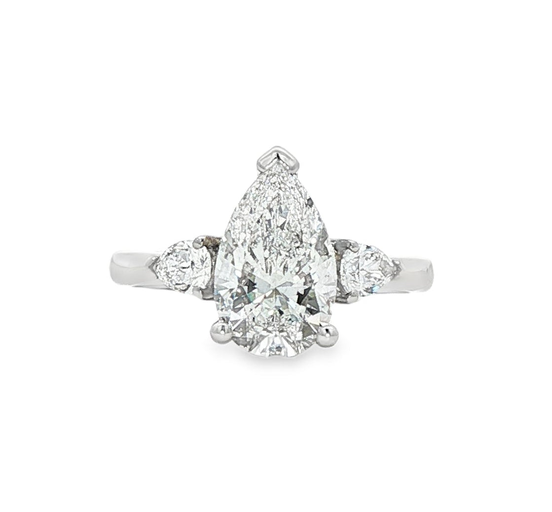 Lab Grown: Platinum pear cut diamond three stone ring - 2.38ct
