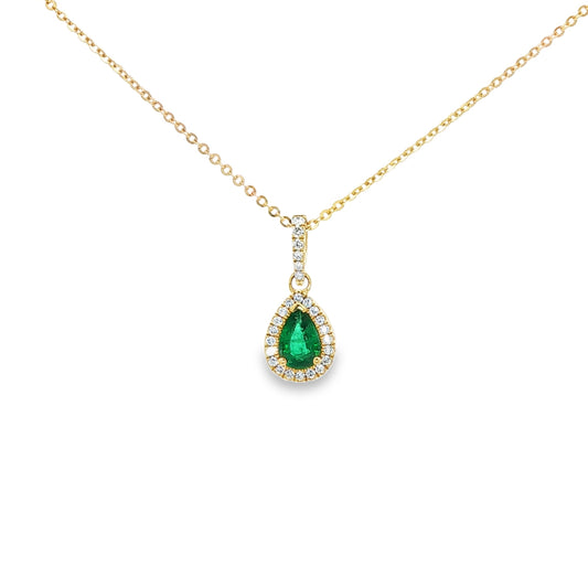 18ct Yellow Gold Pear Shape Emerald & Brilliant Cut Diamond Halo Cluster Pendant - E:0.72ct/D:0.20ct