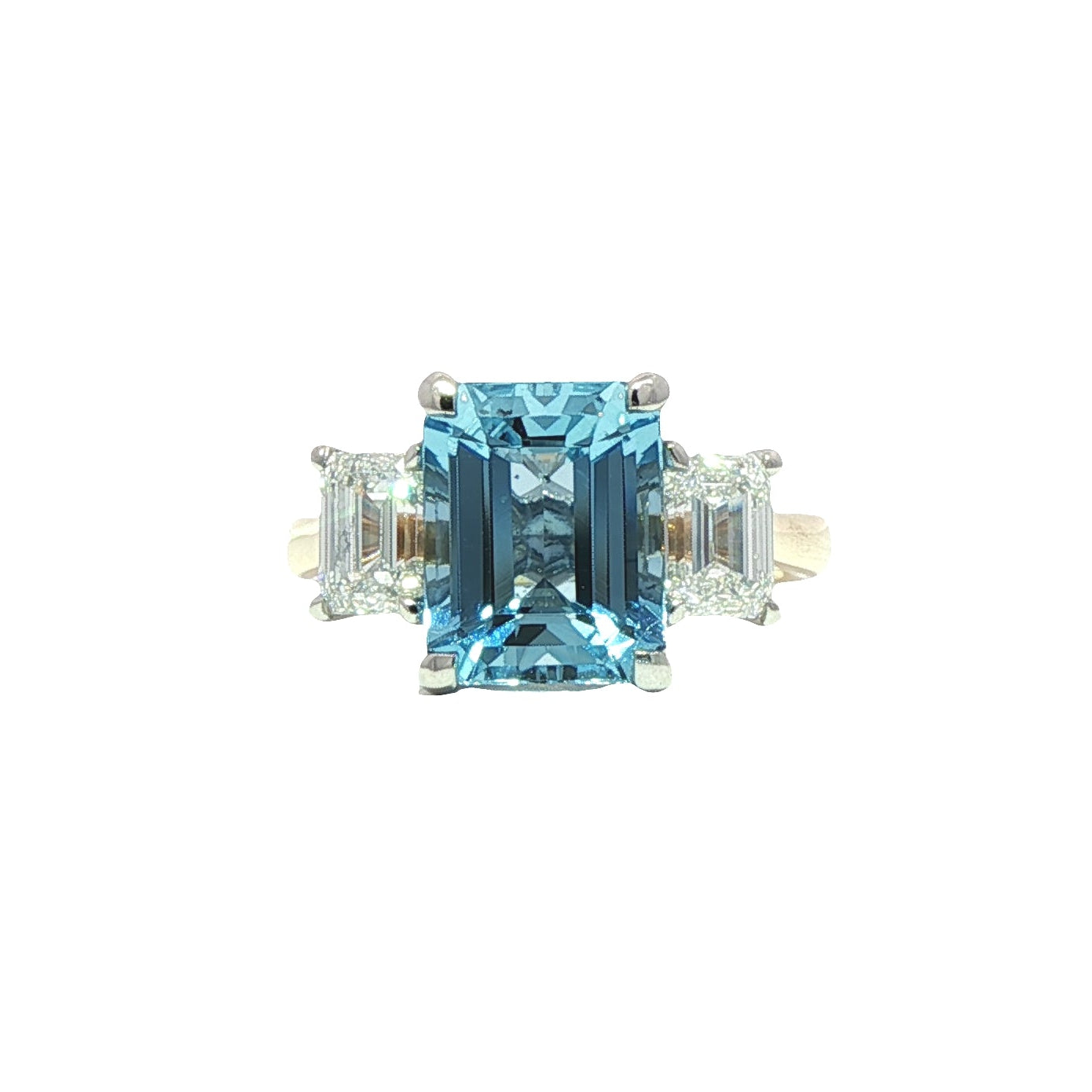 Bespoke: Platinum & 18ct Yellow Gold Emerald Cut 'Santa Maria' Aquamarine & Emerald Cut Diamond Three Stone Ring - A:3.14ct D:1.40ct