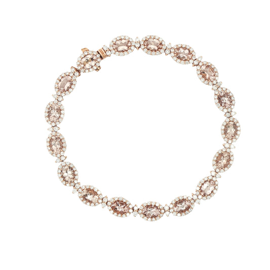 18ct Rose Gold Oval Faceted Morganite & Brilliant Cut Diamond Cluster Bracelet - M:6.83ct D:3.39ct