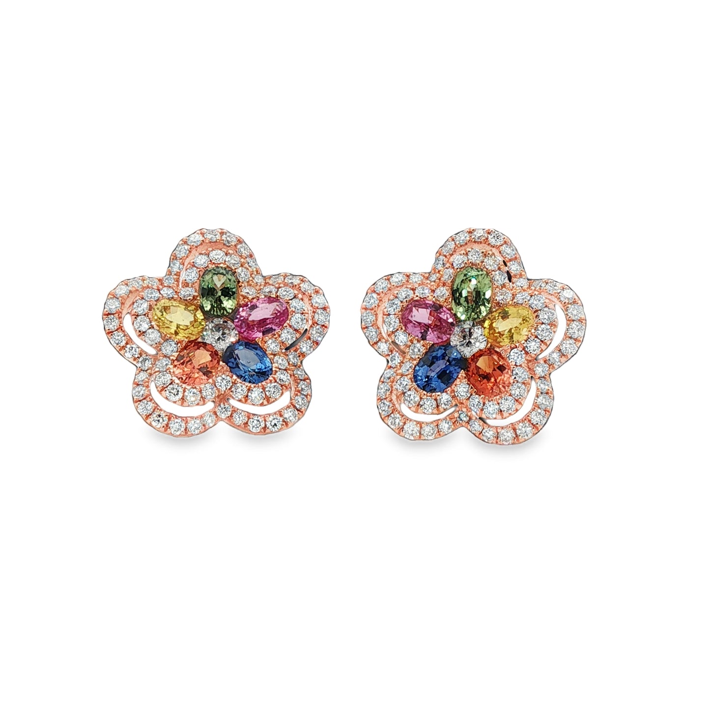 18ct Rose Gold Multi Colour Sapphire & Diamond Flower Cluster Earrings - S:2.09ct D:1.13ct