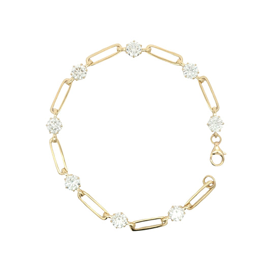 LAB GROWN: 9ct Yellow Gold Brilliant Cut Lab Grown Diamond in Six Claw Setting and Paperclip Link Bracelet  - 4.24ct