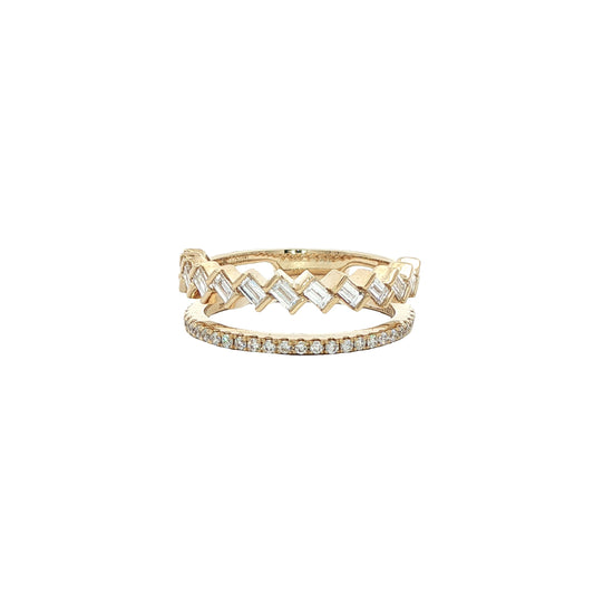 LAB GROWN: 9ct Yellow Gold Open Two-Row Brilliant & Baguette Cut Diamond Band Ring