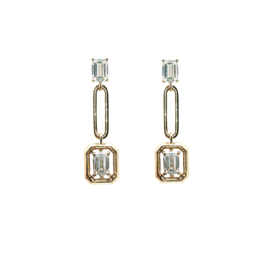 LAB GROWN: 9ct Yellow Gold Emerald Cut Diamond 'Frame' Drop Earrings - 1.03ct