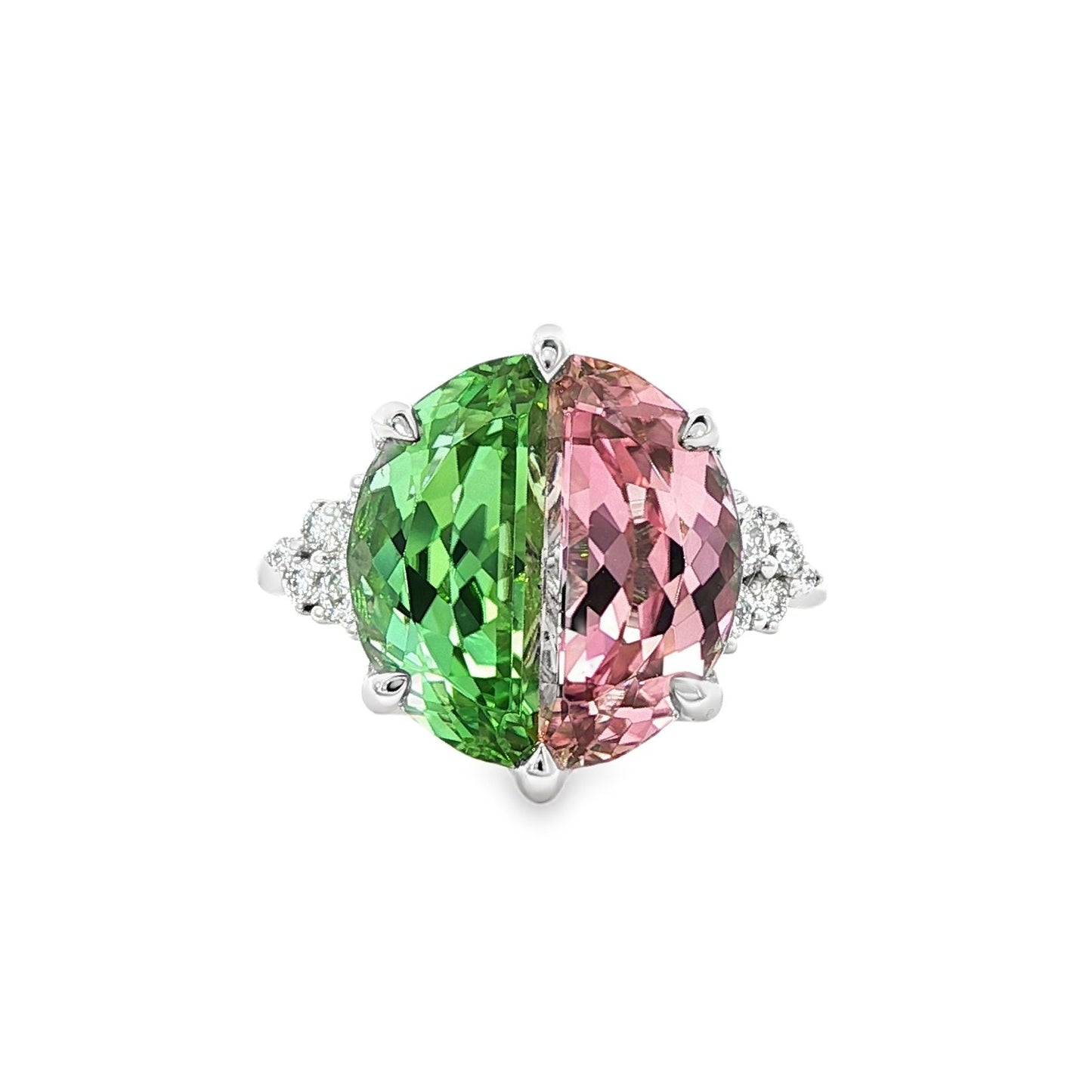 Unique: Bespoke platinum pink-green tourmaline and diamond dress ring.