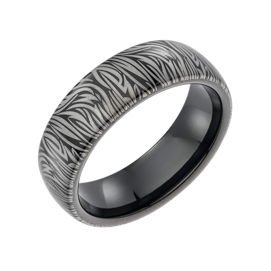 Tungsten carbide court 7.0mm ring with textured print and black IP Plating.