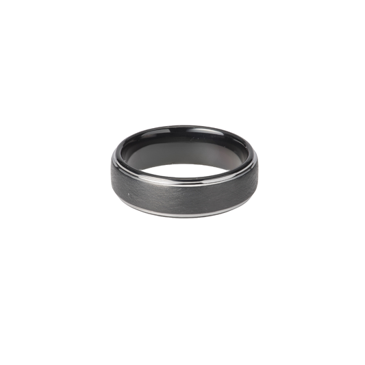 Tungsten carbide flat court 7.0mm ring with raised textured centre and black IP Plating.