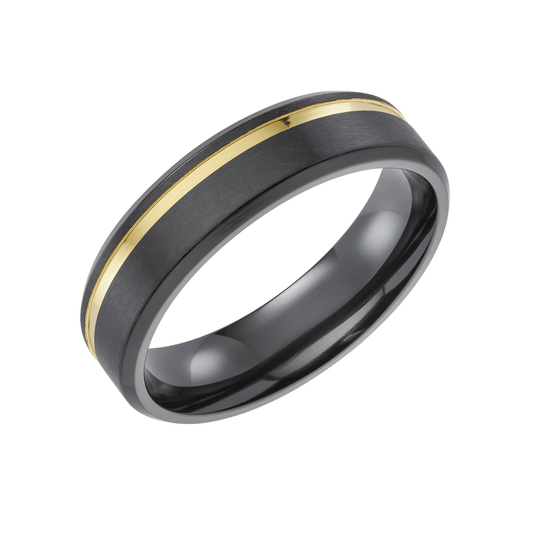Black Zirconium & Gold IP plated offset inlay 7.0mm Court Profile Wedding Band  - Matte finish