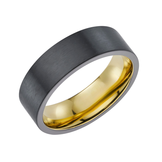 Black Zirconium & Gold IP plated Inverse 7.0mm Flat Court Profile Wedding Band  - Matte finish