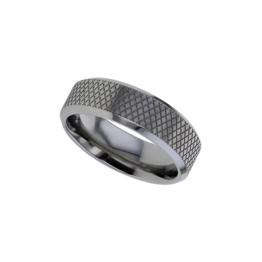titanium wedding ring with textured pattern 