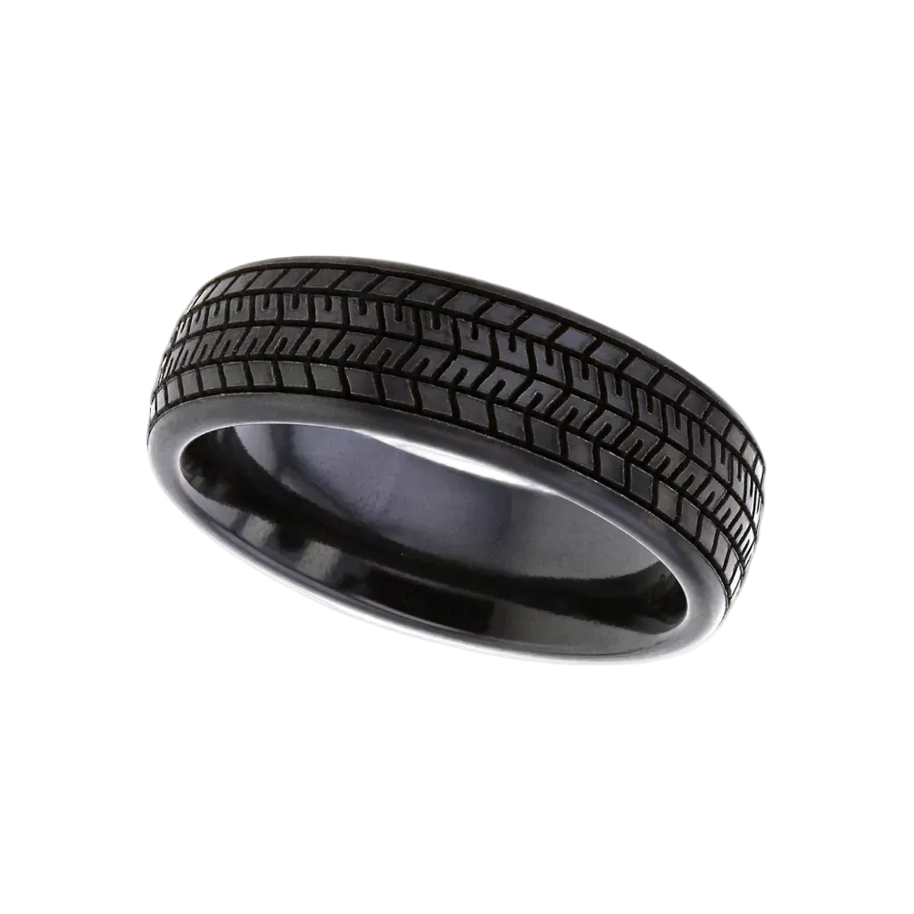 Black ring with tire tread pattern on a white background
