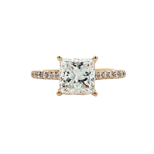 LAB GROWN: 18ct Yellow Gold Princess Cut Diamond Solitaire Ring With Diamond Set Shoulders - 2.35ct