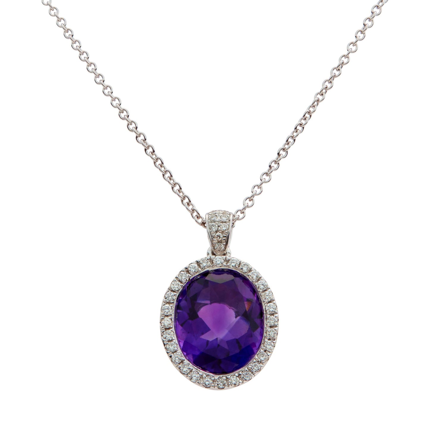 9ct White gold amethyst pendant with diamond grain set border - 0.22ct.