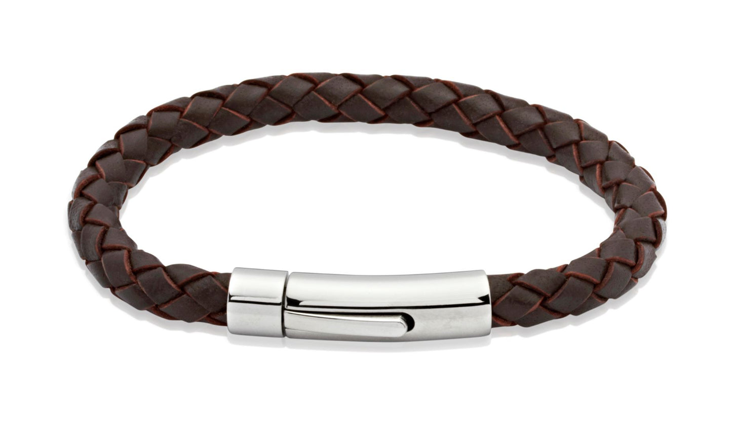 Unique Dark Brown Leather Bracelet with stainless steel clasp.