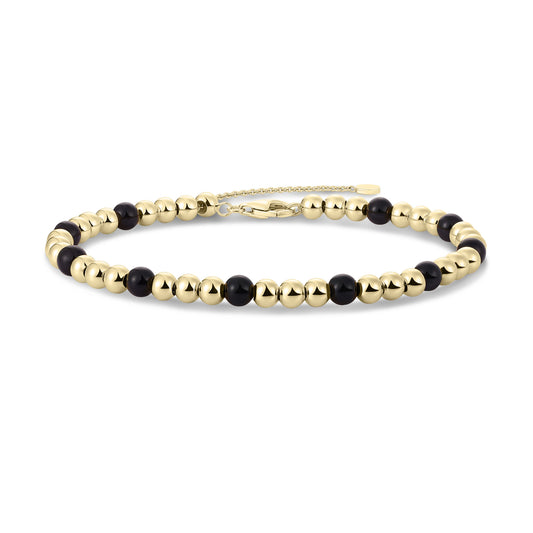Gisser Gold plated silver beaded bracelet with black beads, B1044YZ