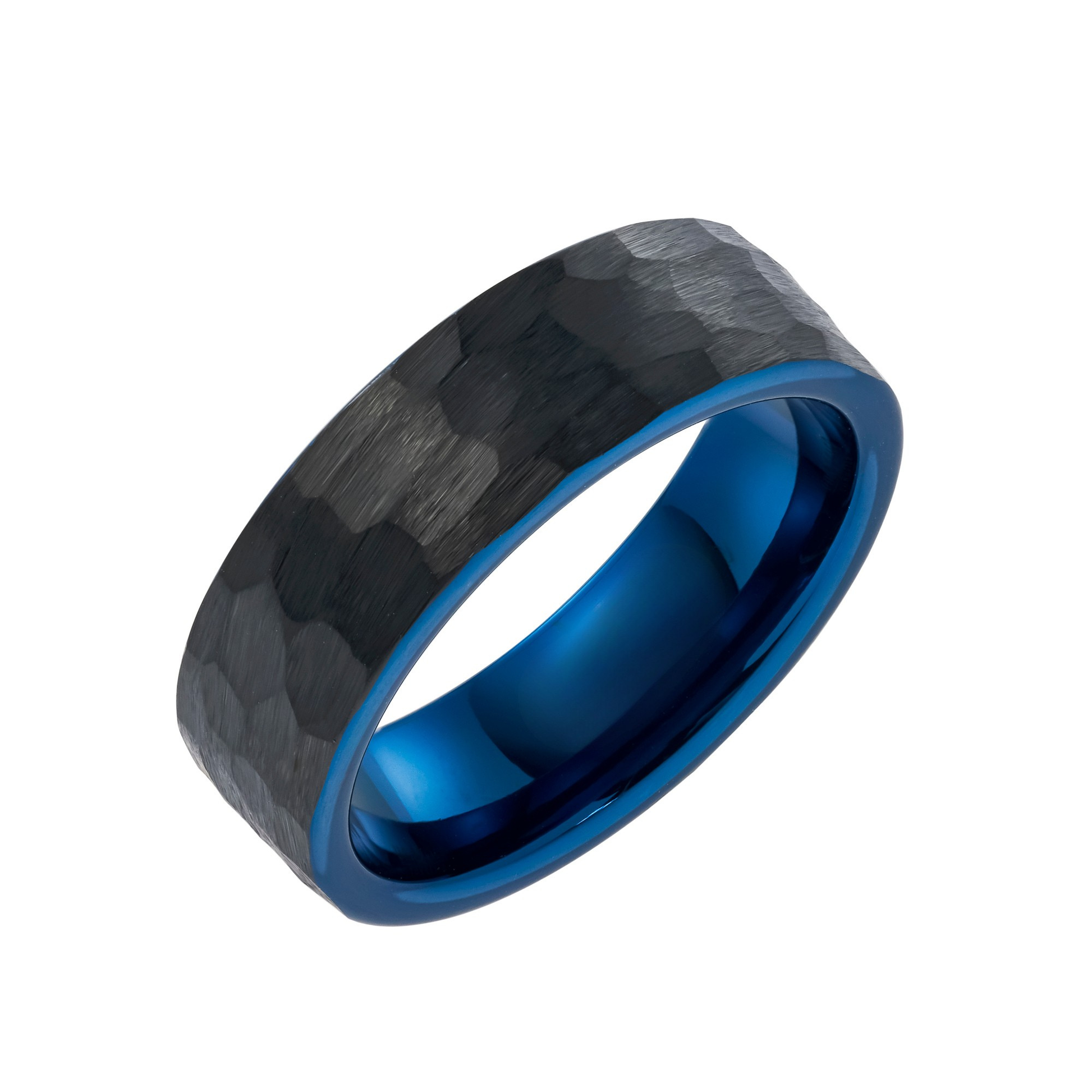 Tungsten carbide 7.0mm hammered effect ring with black and blue IP plating. Henry D Johnstone Jewellers.