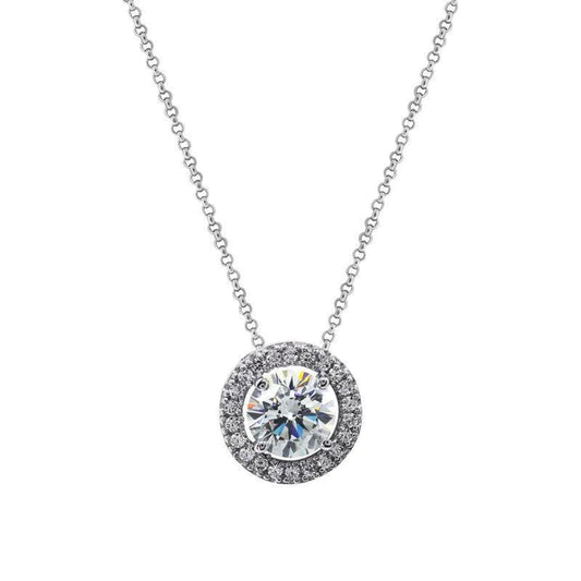 00015723 - Carat sterling silver round brilliant cut halo pendant with 'Rolo' chain - CN925W - GWEN-W