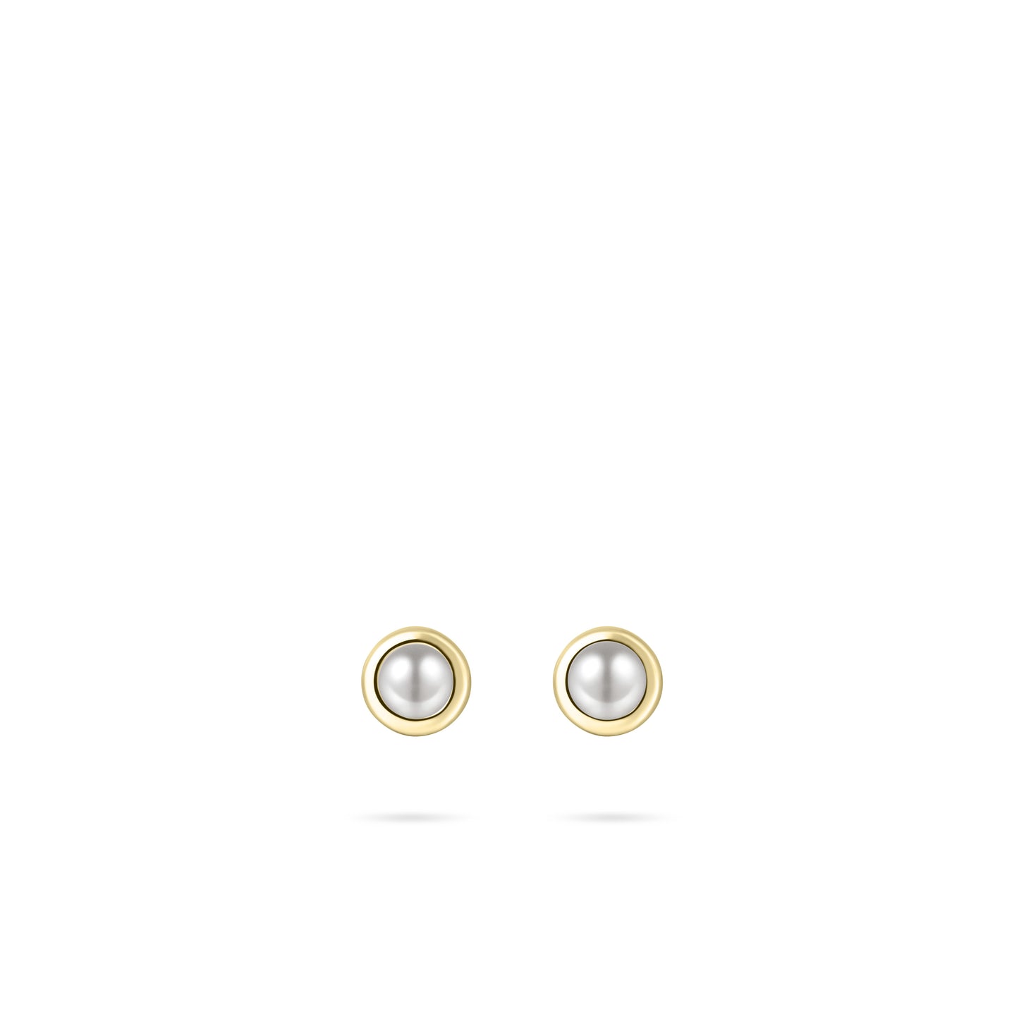 Gisser Gold plated silver stud earrings with simulated pearl in bezel setting.E1001YWP