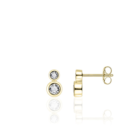 Gisser Gold plated double cubic zirconia bezel stud Earrings. E1003Y