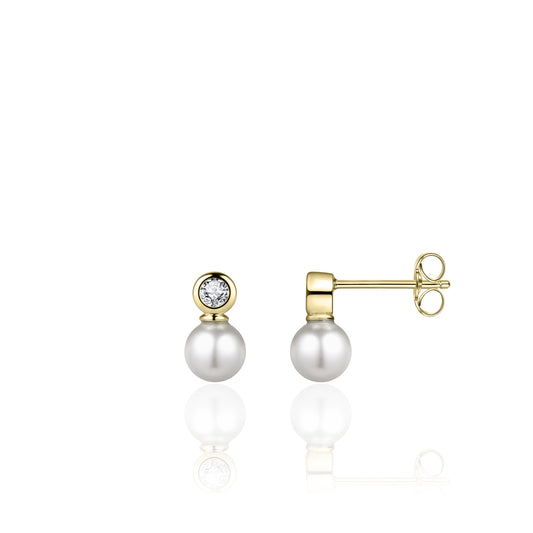 Gisser Gold plated cubic zirconia bezel stud with simulated pearl drop Earrings. E1027/6Y
