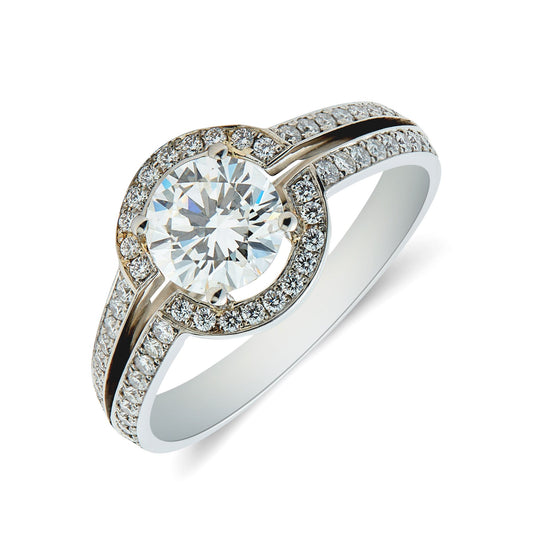 Platinum round brilliant cut diamond solitaire ring grain set surround & open split shoulders - 1.01ct