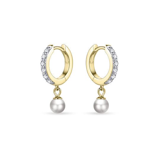 Gisser Gold plated cubic zirconia set hoop with simulated pearl drop Earrings. E1027/6Y