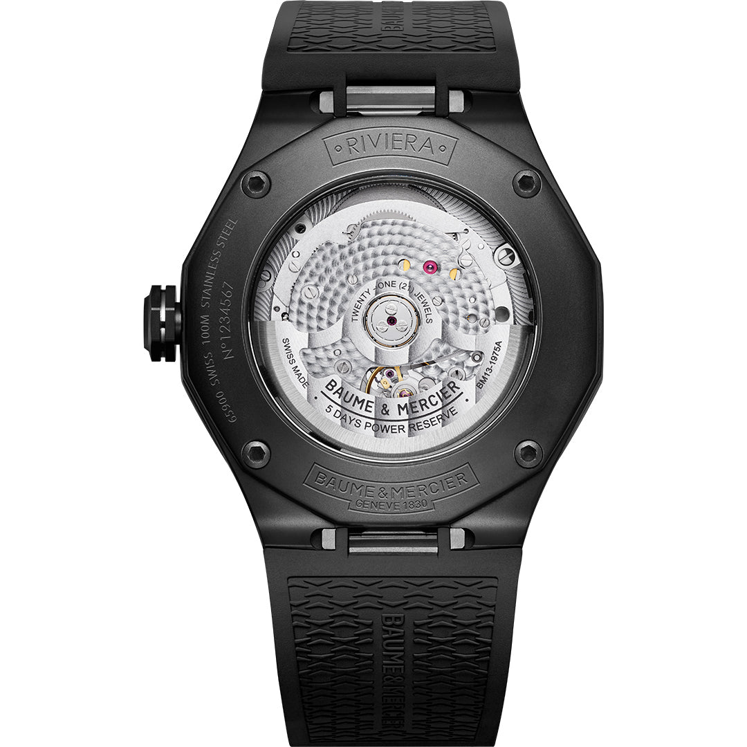 Baume & Mercier 'Riviera' Black PVD Automatic Strap Watch MOA10617.