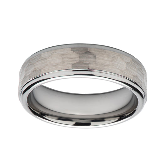 Tungsten carbide 7.0mm 'Hammered' effect wedding band with polsihed edges - Brush & Polish finish
