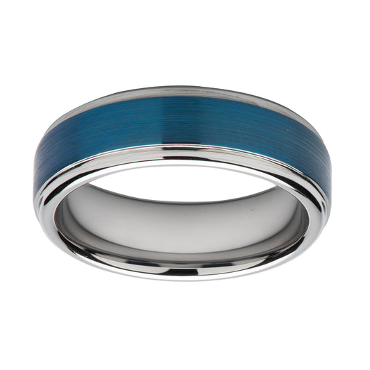 Tungsten carbide 7.0mm blue IP plated centre wedding band with polished edges - Brush & Polish Finish