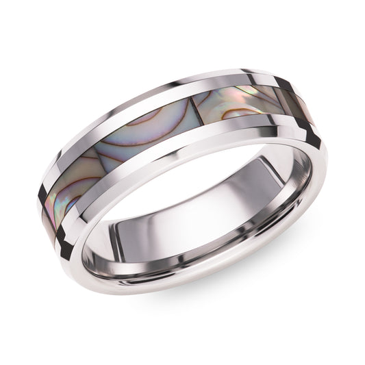 Tungsten carbide wedding band with abalone inlay. Henry D Johnstone Jewellers. Alderley Edge, Poynton, Cheshire.