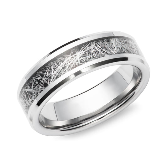 Tungsten carbide 7.0mm flat wedding band with meteorite paper inlay & polished chamfered edges - Polish finish.