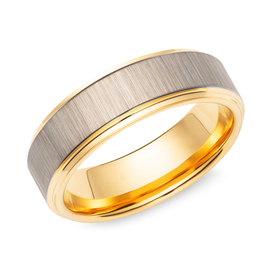 Tungsten carbide 7.0mm flat yellow IP plated wedding band with polished chamfered edges - Brush & Polish finish