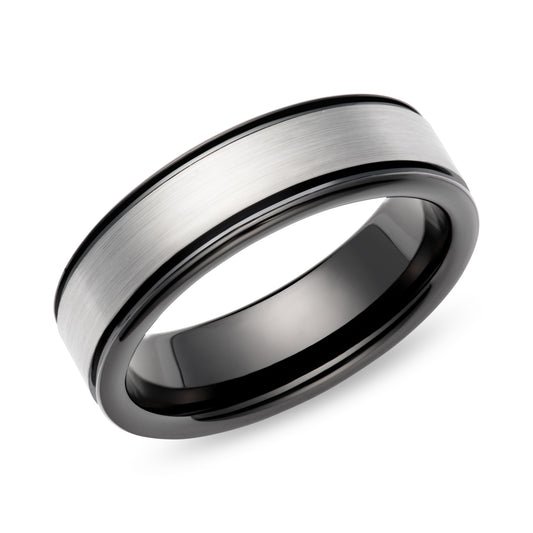 Tungsten carbide 7.0mm flat black IP plated wedding band with brushed centre - Brush & Polish finish