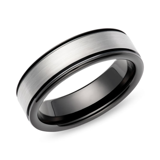 Tungsten Carbide 7.0mm Flat Black IP Plated Wedding Band. Henry D Johnstone Jewellers. Alderley Edge, Poynton, Cheshire.