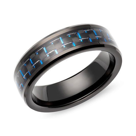 Tungsten carbide 7.0mm black IP plated wedding band with carbon fiber inlay - Polish finish.