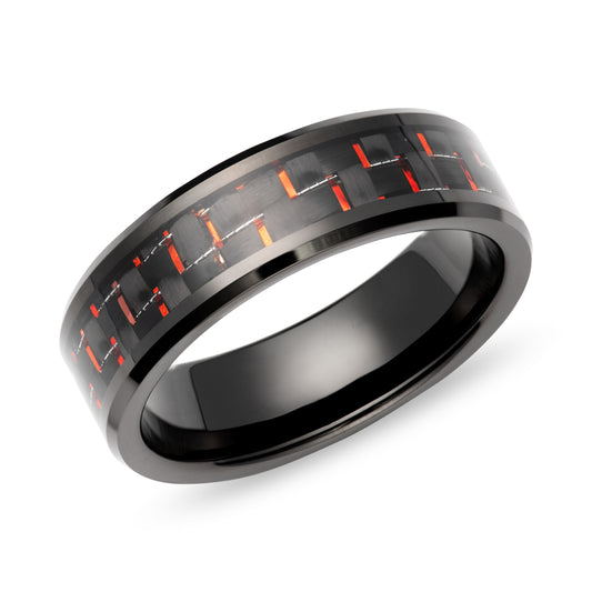 Tungsten carbide 7.0mm flat black IP plated wedding band with carbon fiber inlay - Polish finish.