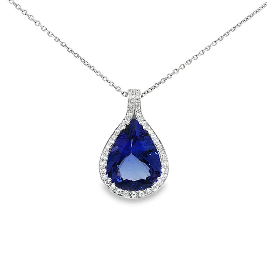 18ct white gold pear shape tanzanite & diamond pendant.
