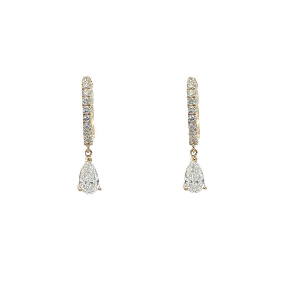 Lab Grown: 9ct Yellow Gold Brilliant & Pear Cut Lab Grown Diamond 'Mini Huggies' Drop Earrings - 0.85ct