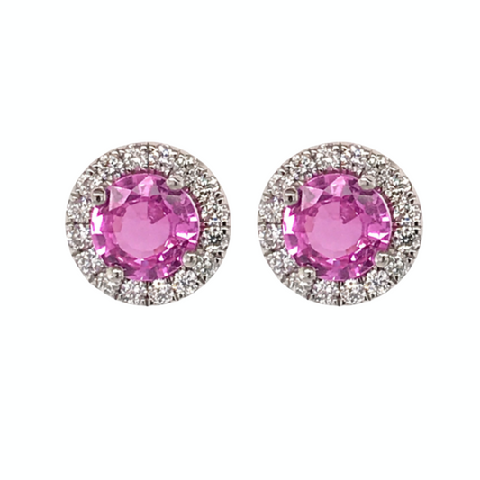 Platinum Round Faceted Pink Sapphire And Diamond Halo Stud Earrings.
