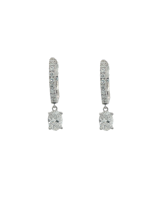 Lab Grown: 9ct White Gold Brilliant & Oval Cut Lab Grown Diamond 'Mini Huggies' Drop Earrings - 0.90ct