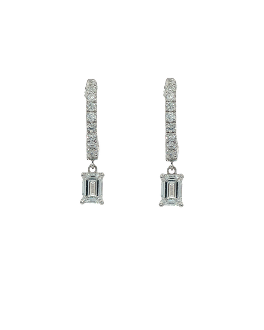 Lab Grown: 9ct White Gold Brilliant & Emerald Cut Lab Grown Diamond 'Mini Huggies' Drop Earrings - 0.89ct