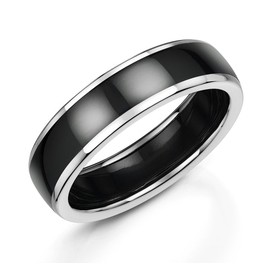 Central Band of Zirconium with 9ct White Gold Edges, Court Profile with Polished Finish.