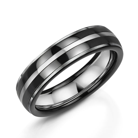 Black zirconium & 9ct white gold outer inlay & Silver inner inlay 6.0mm slight court wedding band - Polished finish.