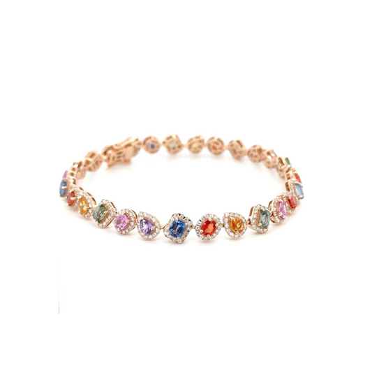 18ct rose gold mixed shape coloured sapphires and brilliant cut diamond bracelet- 1.32ct