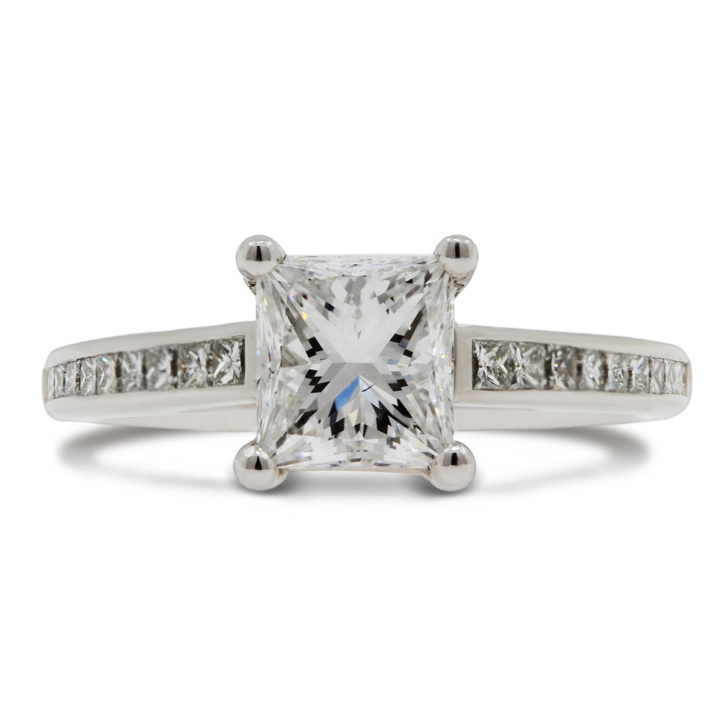 Platinum & princess cut diamond solitaire ring with channel diamond shoulders - 1.96ct