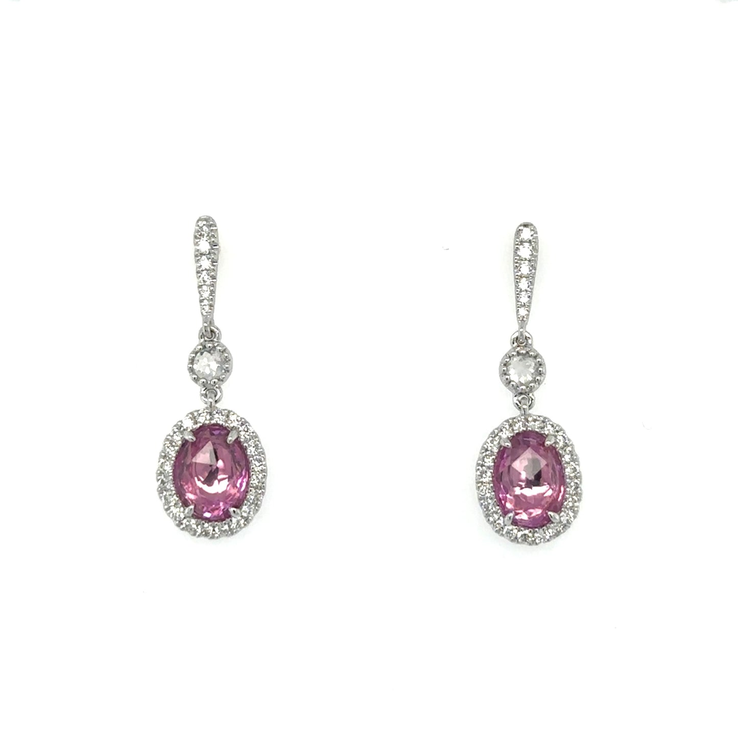 18ct white gold rose cut pink sapphire and brilliant cut diamond drop earrings.