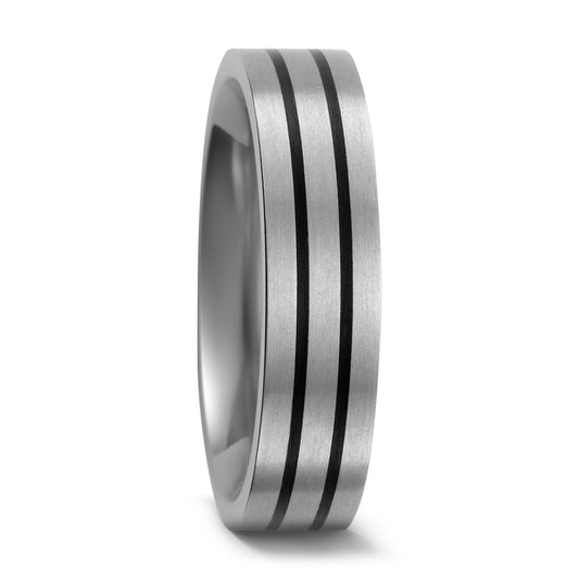 Titanium & ceramic dual black inlays flat court shaped wedding band, 5.0mm - Matte finish.