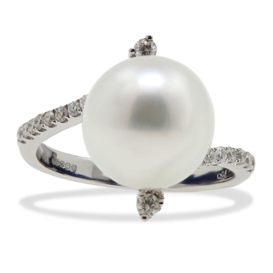 18ct White Gold 11.0mm South Sea Pearl & Diamond Crossover Ring.